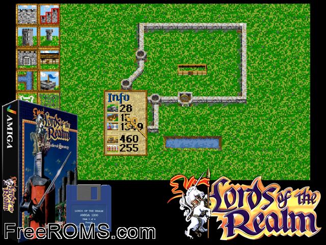 Lords Of The Realm AGA Amiga game showing 3D box cover and gameplay screenshot